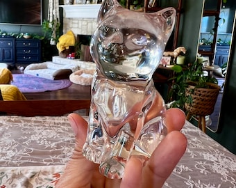 Vintage Clear Sitting Cat Figurine - Crystal Kitty Figurine Sun Catcher, Cat Paperweight, Cat Gift