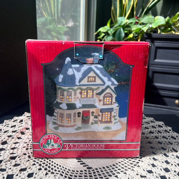 St. Nicoholas Square Victorian House Illuminated Hand Painted Porcelain Vintage Christmas Decor