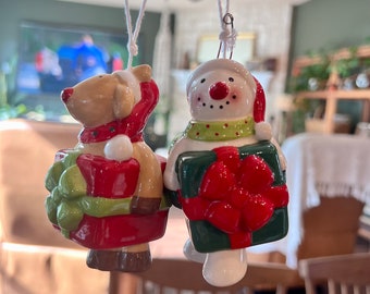 2個入り セラミック クリスマス ホリデー ハンギングベル スノーマンと