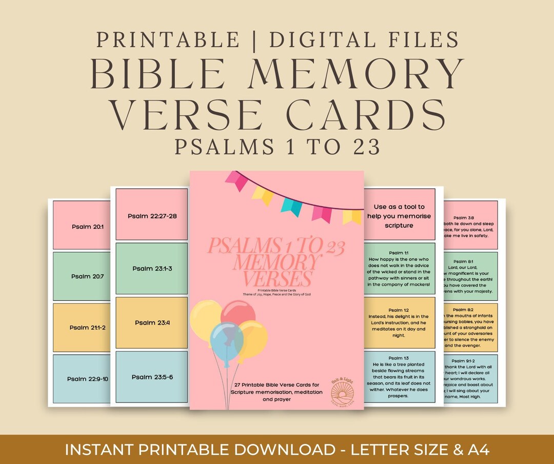 Psalms 1 to 23 Bible Memory Verse Cards Printable Digital Files. Scripture Memorisation Meditation Christian Faith Kids Children Spiritual Etsy