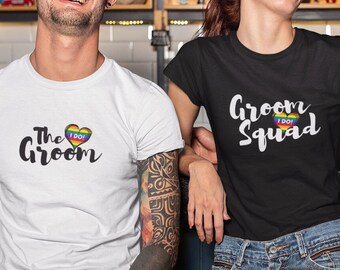 Groom & Groom Squad Gay Bachelor Party Shirts featuring Rainbow Heart with I Do