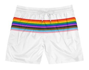 Rainbow Stripe Pride Swimsuit | Men's White Mid-Length Swim Shorts