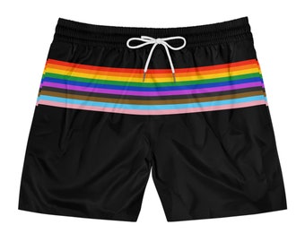 Rainbow Stripe Pride Swimsuit | Men's Black Mid-Length Swim Shorts