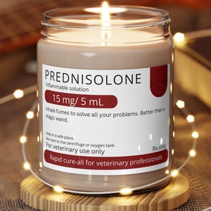 Prednisolone, funny veterinary candle, cure-all candle, fix everything gift, vet med humor, 9 oz scented soy wax candle, gift for vet tech