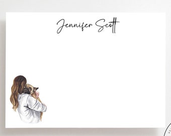 French bulldog stationery, personalized dog notecards, gift for her, customized stationery, dog lover gift, girl with dog stationery