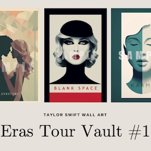 May include: Three retro-style posters featuring different album covers from Taylor Swift's Eras Tour. The posters are titled "Love Story", "Blank Space", and "Karma".