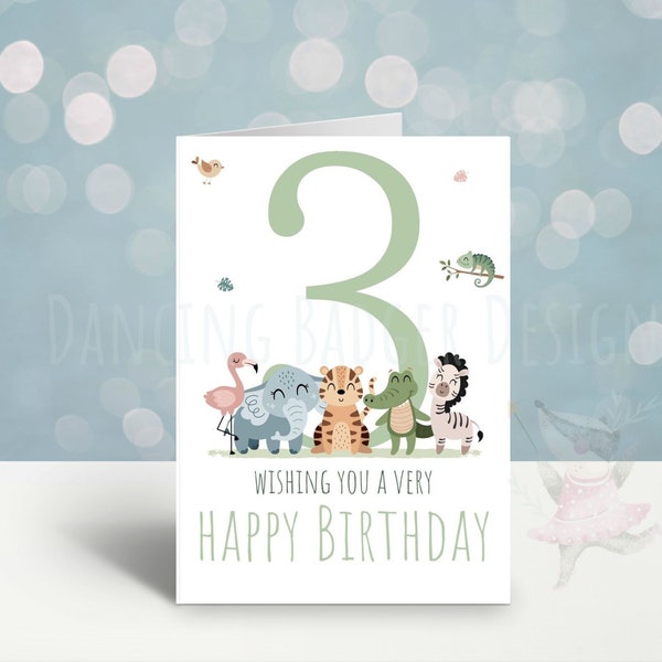 DIGITAL DOWNLOAD Birthday Card, Age 3 Years Old, Safari Friends, Childrens Greetings Card, Print at Home, Printable Card, Boys Girls Unisex