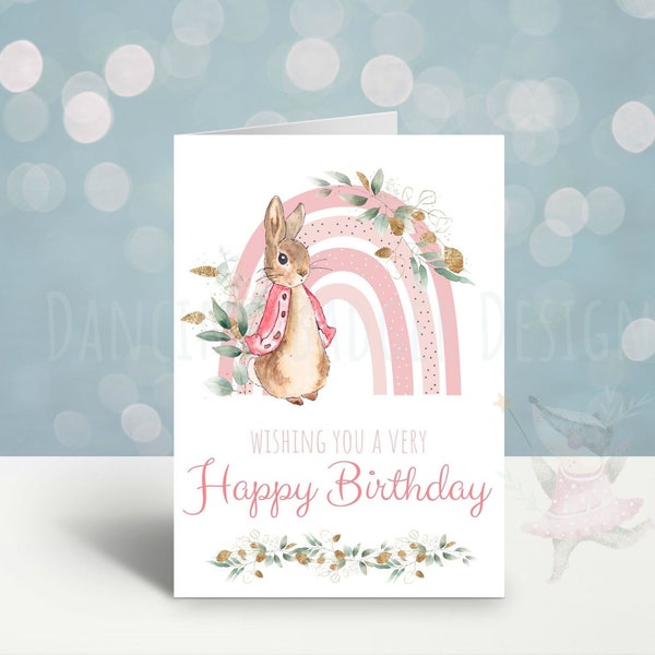 DIGITAL DOWNLOAD Birthday Card, Vintage Rabbit, Pink Rainbow, Girls Greetings Card, Print at Home, Printable Children’s Card, Girls Birthday