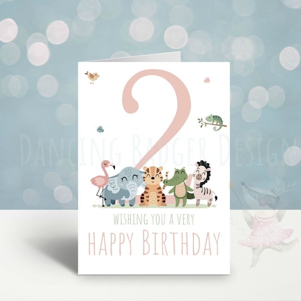 DIGITAL DOWNLOAD Birthday Card, Age 2 Years Old, Pink Safari Friends, Childrens Greetings Card, Print at Home, Printable Card, Girls Unisex