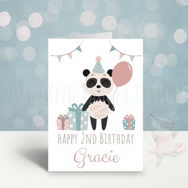 Personalised DIGITAL DOWNLOAD Birthday Card, Unisex Greetings Card, Print at Home, Panda Bear, Printable Children’s Card, Name Age Card Girl