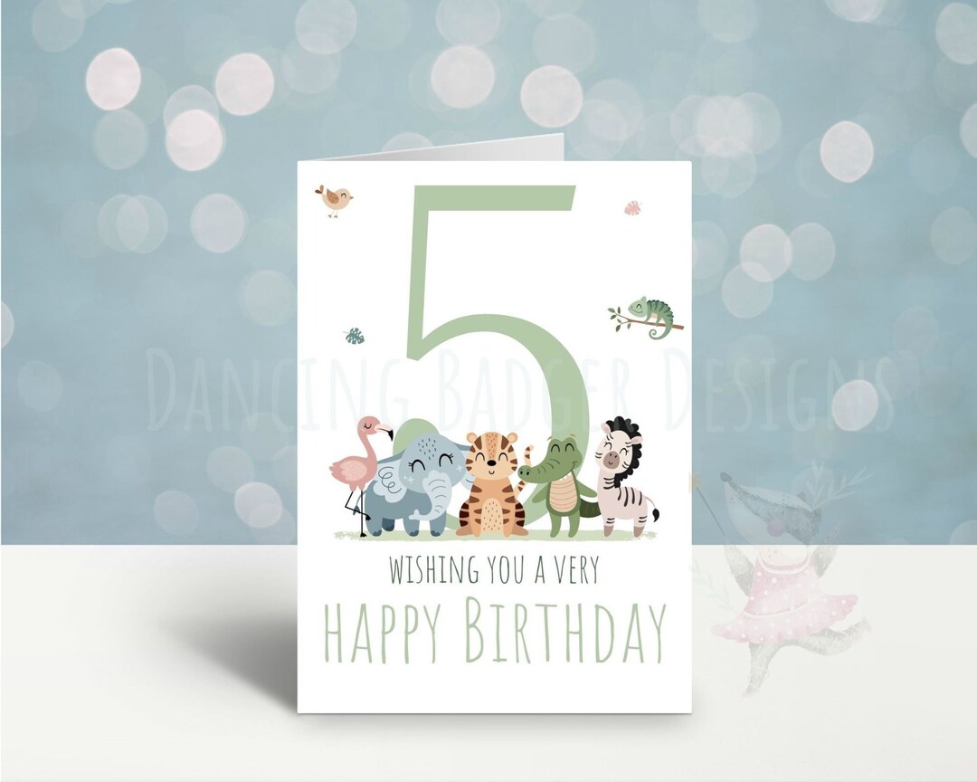 DIGITAL DOWNLOAD Birthday Card, Age 5 Years Old, Safari Friends ...