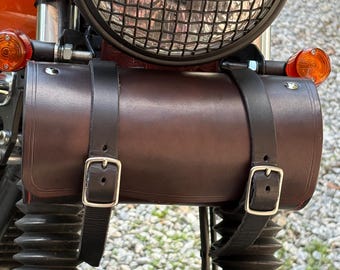 Handmade Black Leather Fork Bag: Skull Detail, Stainless Steel Buckles