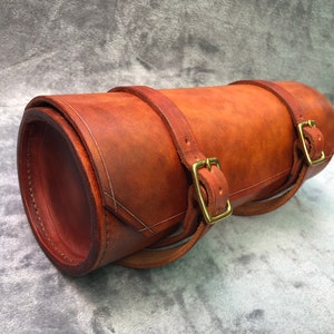Handmade Light Brown Leather Fork Bag/Sissy Bar Bag, measures 12&quot;x4&quot;, made with 10 oz. full grain leather and brass buckles