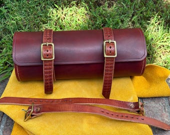 Handmade British Tan Leather Fork Bag: Sissy Bar Handlebar Bag