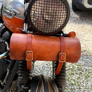 Handmade Light Brown Leather Fork Bag: Brass Buckle Sissy Bar Bag