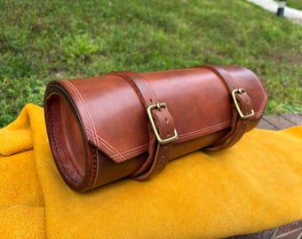 Handmade Light Brown Leather Motorcycle Tool Bag: Sissy Bar/Fork Bag