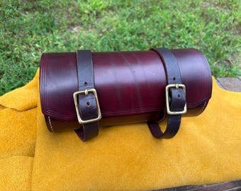 Handmade Mahogany Leather Fork Bag: Brass Buckles, Sissy Bar bag
