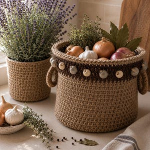Peut inclure: Un panier de rangement rond en crochet beige avec un bord marron foncé orné de perles en bois claires et foncées alternées, doté de deux anses latérales. Le panier contient des oignons jaunes, des têtes d'ail et des herbes vertes.
