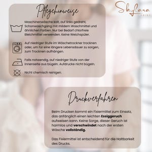 May include: Care instructions for a garment. Machine wash cold, tumble dry low, do not bleach, iron low, do not dry clean.  Printing instructions:  A fixative is used in the printing process that may cause a slight vinegar smell. This is harmless and will disappear after the first wash.