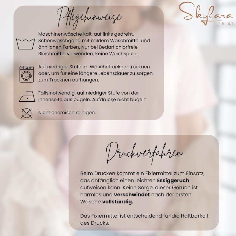 May include: Care instructions for a garment. Machine wash cold, tumble dry low, do not bleach, iron low, do not dry clean.  Printing instructions:  A fixative is used in the printing process that may cause a slight vinegar smell. This is harmless and will disappear after the first wash.