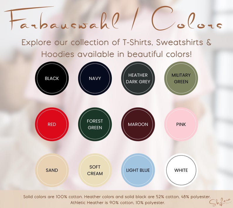 K&ouml;nnte beinhalten: Eine Tabelle mit Farboptionen f&uuml;r T-Shirts, Sweatshirts und Hoodies. Die Farben umfassen Schwarz, Marine, Heather Dunkelgrau, Milit&auml;rgr&uuml;n, Rot, Waldgr&uuml;n, Maroon, Pink, Sand, Soft Cream, Hellblau und Wei&szlig;.