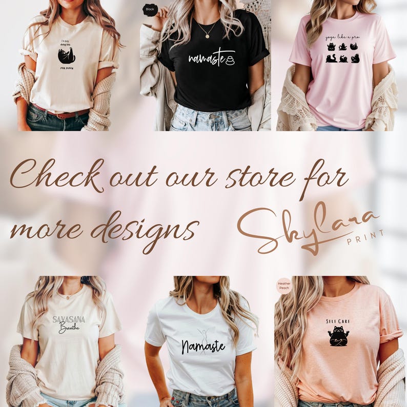 May include: A collection of six different t-shirts with various yoga-themed designs. The shirts are all white, black, or pink and feature text such as "Namaste", "Yoga Like a Pro", and "Savasana Buddha".