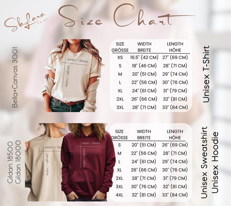 K&ouml;nnte beinhalten: Gr&ouml;&szlig;entabelle f&uuml;r Unisex-T-Shirts, Sweatshirts und Hoodies. Die Tabelle zeigt die Gr&ouml;&szlig;en XS bis 3XL mit den entsprechenden Breiten- und L&auml;ngenma&szlig;en in Zoll und Zentimetern.