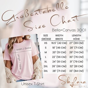May include: A size chart for Bella+Canvas 3001 unisex t-shirts. The chart shows the width and length measurements in inches and centimeters for sizes XS to 3XL.