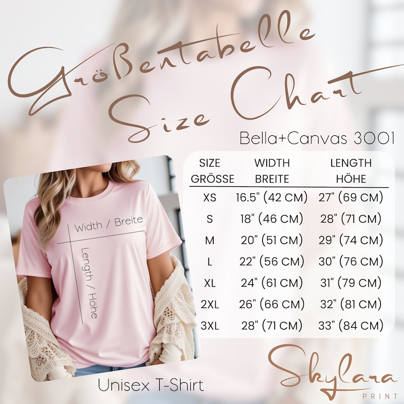 May include: A size chart for Bella+Canvas 3001 unisex t-shirts. The chart shows the width and length measurements in inches and centimeters for sizes XS to 3XL.