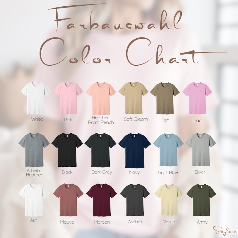 May include: Color chart showing 18 different t-shirt colors. The colors are: White, Pink, Heather Prism Peach, Soft Cream, Tan, Lilac, Athletic Heather, Black, Dark Grey, Navy, Light Blue, Silver, Ash, Mauve, Maroon, Asphalt, Natural, and Army.