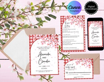Gingham & Cherry Blossom Wedding Invitation Templates\EDITABLE\Printable Wedding Invitations\Wedding Invite Set\Instant Download\RSVP Card