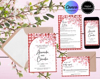 EDITIERBARE Gingham & Kirschblüten-Hochzeitseinladungskarten=Hochzeitseinladungskarten**