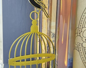 Silhouette de bibliothèque pour oiseaux et cages Chardonneret | Cadeau livresques | Décoration d'étagère | Séparateur de bibliothèque décoratif|