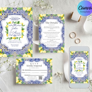 Könnte beinhalten: Ein Satz von vier druckbaren Hochzeitseinladungen mit einem blauen und weißen Fliesenmuster und Zitronen. Die Einladungen beinhalten eine Haupteinladung, eine Detailkarte, eine RSVP-Karte und ein Handy-Bildschirm-Mockup. Der Text auf der Haupteinladung lautet "Bitte feiern Sie mit uns die Hochzeit von John & Anna am 20. August 2023 um 15:00 Uhr 123 Anywhere Blvd, Any City Telefonnummer 123-456-7890"
