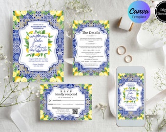 Blue Spanish Tile & Lemons Wedding Invitation Template Set\QR Code RSVP Card\Editable Templates\Printable Wedding Invite\Instant Download