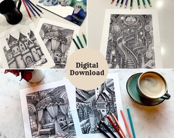 Hojas para colorear para adultos, hojas para colorear de castillos de fantasía, hojas para colorear de fantasía para adultos, hojas para colorear para relajarse, descarga digital, descarga instantánea, bricolaje