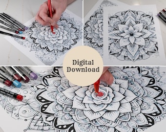 Adult Coloring Pages, Adult Coloring Book, Mandala Coloring Therapy, Self- Care Coloring, Digital Download, Downloadable Adult Coloring