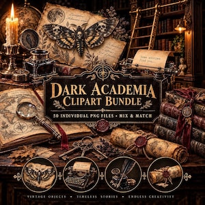 Dark Academia Clipart Bundle | Vintage Study Desk PNG | Antique Book Journal Stickers | Gothic Scholar Aesthetic 50 PNG