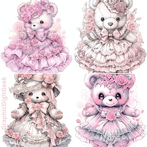 85 PNG Files. Whimsical Watercolor Teddy Bear: Victorian-inspired Baby Shower, Delicate Flowers and Vintage Charm.