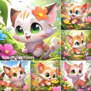 120 PNG files. Whimsical Blooms: Kawaii Kitty and Manga Cat - Cute Anime Kitten with Flowers Digital PNG Mega Bundle