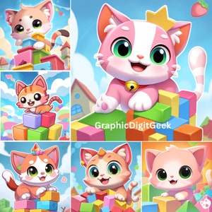35 PNG files. Whimsical Playtime: Kawaii Kitty and Manga Cat - Cute Anime Kitten with Toys Digital PNG Mega Bundle