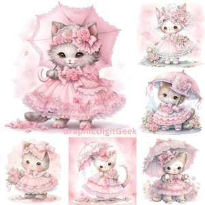 85 PNG files. Victorian Whiskers: Baby Shower Art of an Adorable Kitty in Lace Collar and Floral Delights, Digital PNG and Watercolor Magic