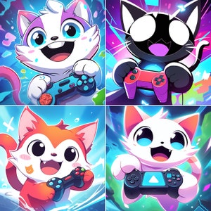 60 PNG files. Mega Bundle: Kawaii Kitty and Manga Cat - Cute Kitten Playing Video Games Digital PNG