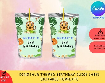 Dinosaur Birthday Juice Label Editable Template in Canva | Instant Download | Editable Template | Green Birthday | Orange Birthday