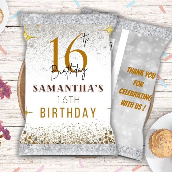 MINIMALIST Sweet 16 Editable Silver Gold Birthday Chip Bag Wrapper INTANT DOWNLOAD | Birthday Chips Bag Template | Party Favor Template
