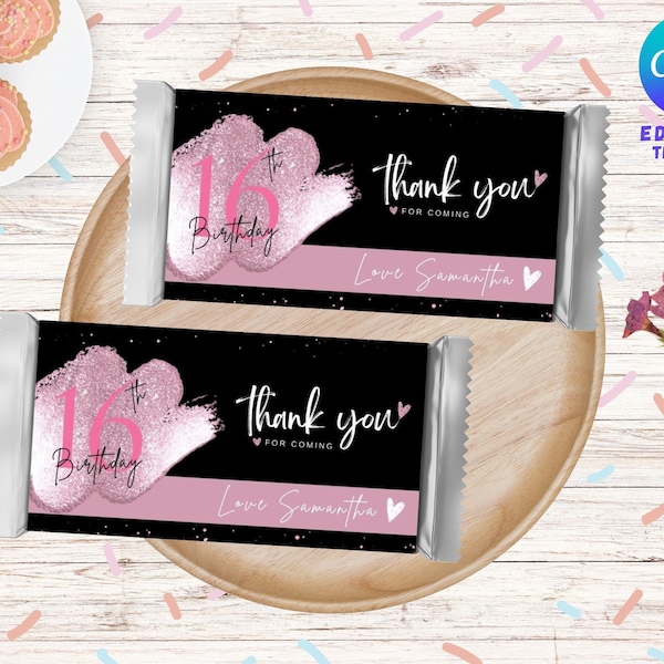 Hershey Bar Wrapper Editable Template in Canva | Black Pink Birthday | 16th Birthday | Digital Products | Instant Download | Chocolate Bar