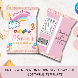 Cute Rainbow Unicorn Birthday Chip Bag Editable Template | Party Favors Template | Birthday Chip Bag Template in Canva | Instant Download