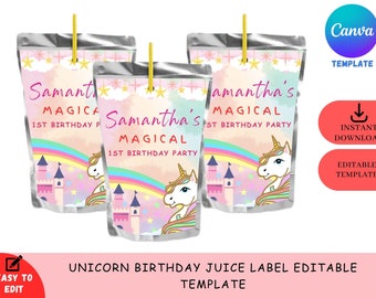 Unicorn Birthday Juice Label Template | Editable Template in Canva | Rainbow Birthday | Pink Birthday | Instant Download | Party Favor