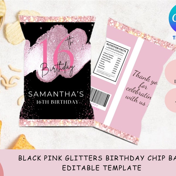 Minimalist Black Pink Glitters Birthday Chip Bag Editable Template in Canva | Editable Party Favors Template | Sweet 16 Birthday Party Favor