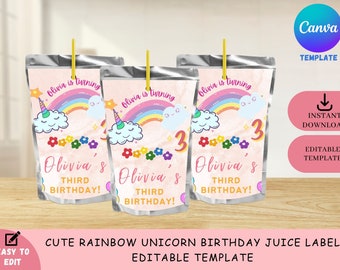 Cute Rainbow Unicorn Birthday Caprisun Juice Label Template | Unicorn Rainbow Party Favors Editable Template | Canva Template
